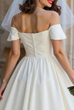 Ivory Off the Shoulder A Line Midi Registry Office Wedding Dress with Bow