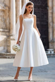 White A Line Spaghetti Straps Midi Wedding Dress with Bow