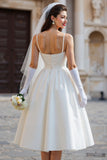 White A Line Spaghetti Straps Midi Wedding Dress with Bow