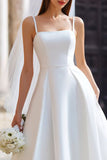 White A Line Spaghetti Straps Midi Wedding Dress with Bow