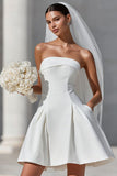White Strapless A Line Satin Short Bow Wedding Dress with Pocket