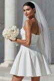 White Strapless A Line Satin Short Bow Wedding Dress with Pocket