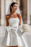 White Strapless A Line Satin Short Bow Wedding Dress with Pocket