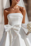 White Strapless A Line Satin Short Bow Wedding Dress with Pocket