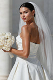 White Strapless A Line Satin Short Bow Wedding Dress with Pocket