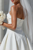 White Strapless A Line Satin Short Bow Wedding Dress with Pocket
