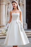 White Spaghetti Straps Satin Bow A Line Midi Wedding Dress