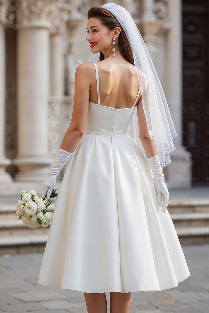 White Satin Halter A Line Midi Engagement Dress