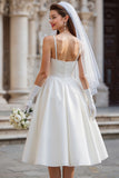 White Spaghetti Straps Satin Bow A Line Midi Wedding Dress