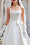 White Spaghetti Straps Satin Bow A Line Midi Wedding Dress