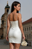 White Spaghetti Straps Ruched Bodycon Mini Wedding Dress