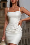 White Spaghetti Straps Ruched Bodycon Mini Wedding Dress