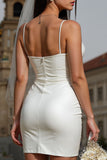 White Spaghetti Straps Ruched Bodycon Mini Wedding Dress