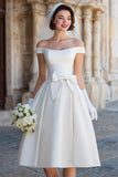 White Off the Shoulder A Line Satin Midi Wedding Dress with Bow