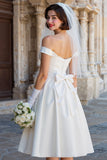 White Off the Shoulder A Line Satin Midi Wedding Dress with Bow