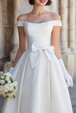 White Off the Shoulder A Line Satin Midi Wedding Dress with Bow