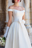 White Off the Shoulder A Line Satin Midi Wedding Dress with Bow