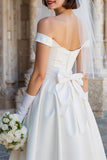 White Off the Shoulder A Line Satin Midi Wedding Dress with Bow