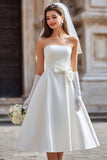 White Satin Strapless A Line Midi Wedding Dress with Bow