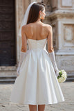 White Satin Strapless A Line Midi Wedding Dress with Bow
