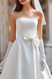 White Satin Strapless A Line Midi Wedding Dress with Bow