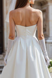 White Satin Strapless A Line Midi Wedding Dress with Bow