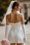 White Strapless Bodycon Satin Corset Mini Wedding Dress with Bow