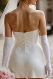 White Strapless Bodycon Satin Corset Mini Wedding Dress with Bow