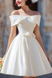 White Off the Shoulder A Line Corset Short Wedding Dress with Bow