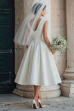 White A-Line Satin Bateau Neck Sleeveless Midi Wedding Dress