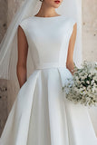 White A-Line Satin Bateau Neck Sleeveless Midi Wedding Dress