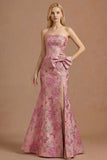 Floral Fuchsia Mermaid Strapless Jacquard Maxi Prom Dress with Bow