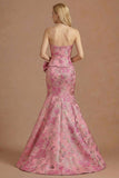 Floral Fuchsia Mermaid Strapless Jacquard Maxi Prom Dress with Bow