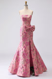 Floral Fuchsia Mermaid Strapless Jacquard Maxi Prom Dress with Bow