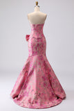 Floral Fuchsia Mermaid Strapless Jacquard Maxi Prom Dress with Bow