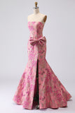 Floral Fuchsia Mermaid Strapless Jacquard Maxi Prom Dress with Bow