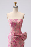 Floral Fuchsia Mermaid Strapless Jacquard Maxi Prom Dress with Bow