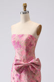 Floral Fuchsia Mermaid Strapless Jacquard Maxi Prom Dress with Bow