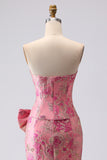 Floral Fuchsia Mermaid Strapless Jacquard Maxi Prom Dress with Bow