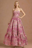 Floral Fuchsia Jacquard Corset A Line Sweetheart Long Prom Dress