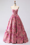 Floral Fuchsia Jacquard Corset A Line Sweetheart Long Prom Dress