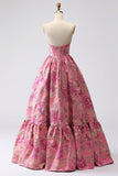Floral Fuchsia Jacquard Corset A Line Sweetheart Long Prom Dress