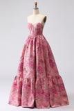Floral Fuchsia Jacquard Corset A Line Sweetheart Long Prom Dress