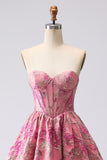 Floral Fuchsia Jacquard Corset A Line Sweetheart Long Prom Dress