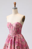 Floral Fuchsia Jacquard Corset A Line Sweetheart Long Prom Dress