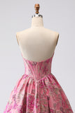 Floral Fuchsia Jacquard Corset A Line Sweetheart Long Prom Dress