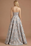 Silver Floral Jacquard Corset Long Prom Dress with Slit