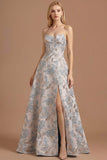 Silver Floral Jacquard Corset Long Prom Dress with Slit