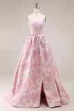 Ivory and Pink A Line Jacquard Corset Long Prom Dress with Slit