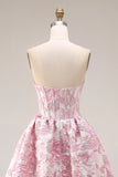 Ivory and Pink A Line Jacquard Corset Long Prom Dress with Slit